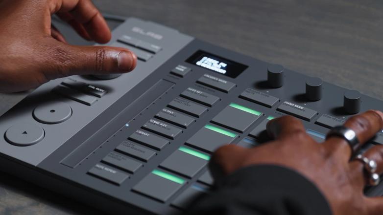 Close-up of Serato SLAB, a Studio-native MIDI controller, showing note adjustment controls using the Touch Strip.