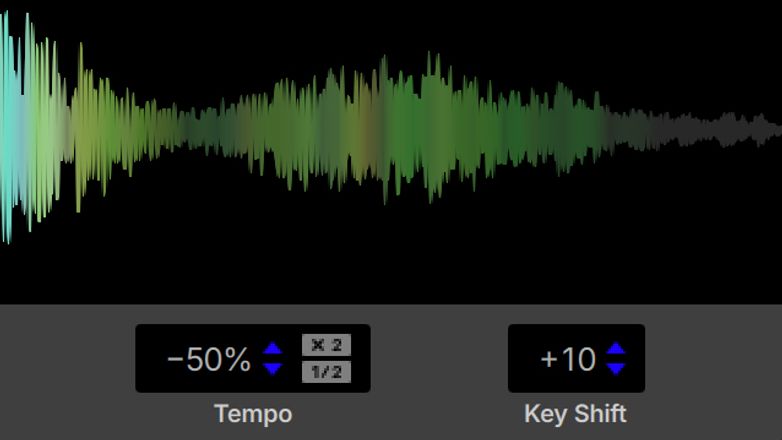 Serato Studio GUI with key shift and time stretch controls powered by Pitch ‘n Time, adjusted in real time using Serato SLAB, a Studio-native MIDI pad controller.