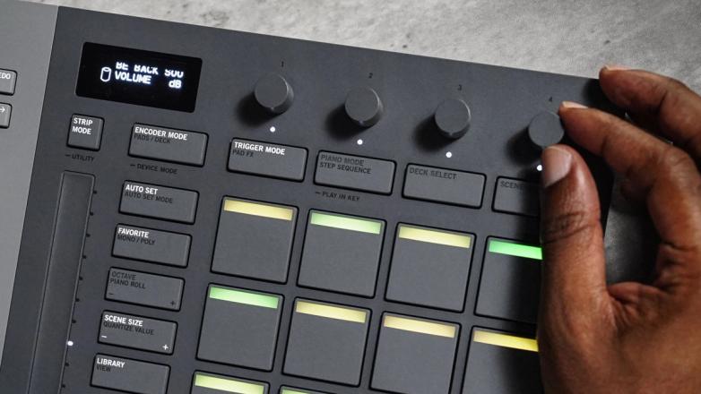 Close-up of Serato SLAB, a Studio-native MIDI pad controller, showing EQ mode.