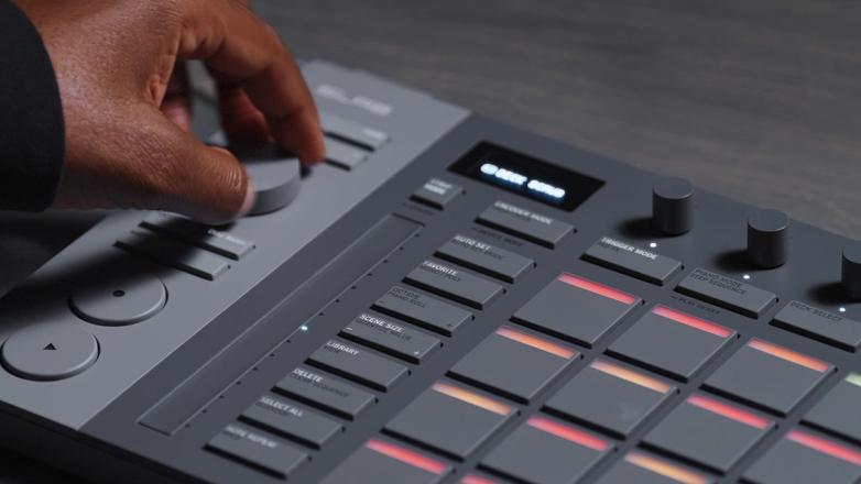 Close-up of Serato SLAB, a Studio-native MIDI pad controller, showing sample deck control.