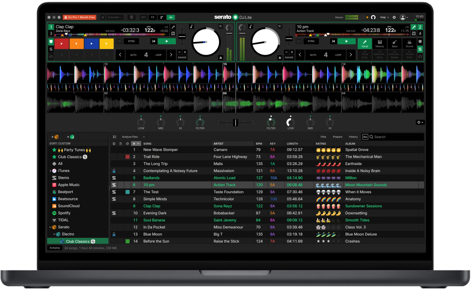 Serato DJ Lite screen in Practice Mode, part of the best free DJ software for beginners learning to mix.