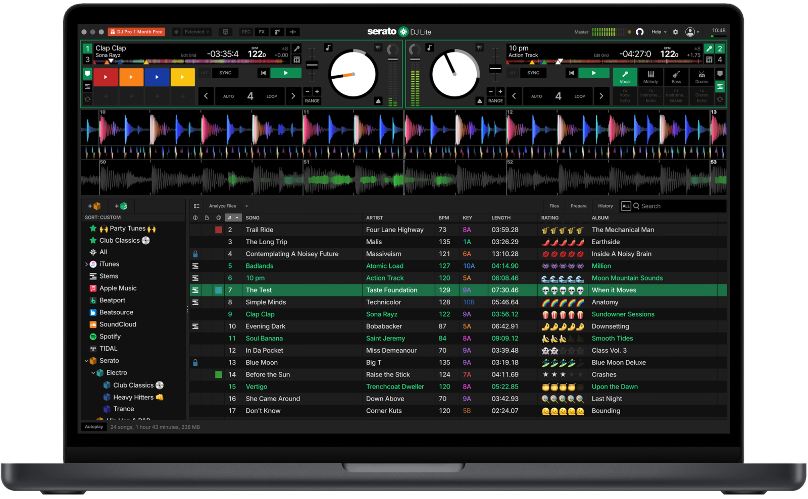 Serato DJ Lite default view showcasing features of the best free DJ program for beginners and pros.