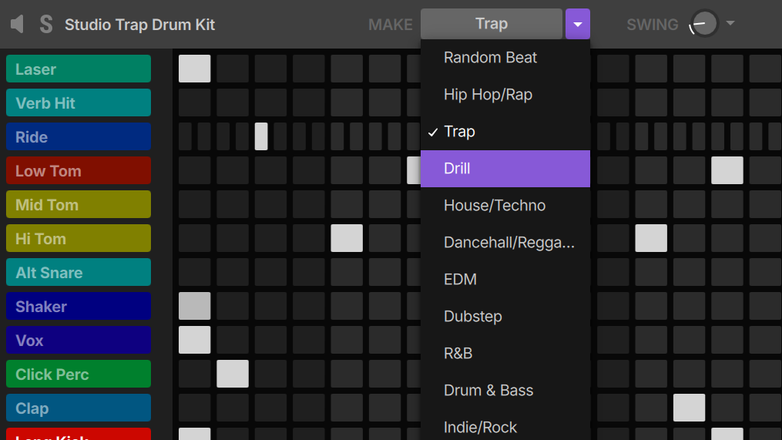 Serato Studio GUI showing the Drum Deck, controlled by Serato SLAB, a Studio-native MIDI pad controller.
