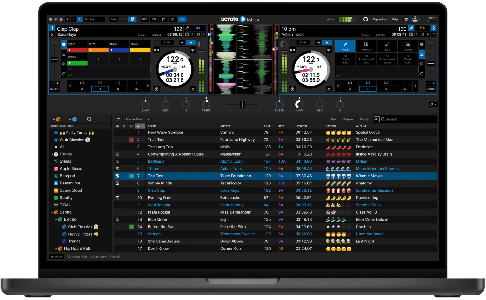 Serato DJ Pro practice mode view for professional DJs practicing their mixes.
