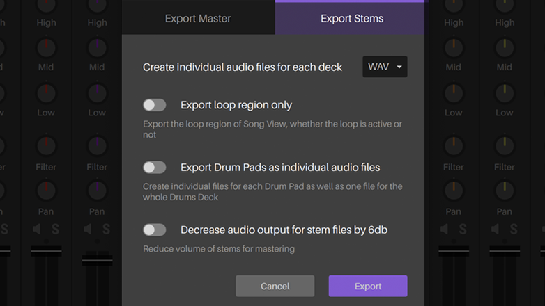Export Serato Studio project stems panel