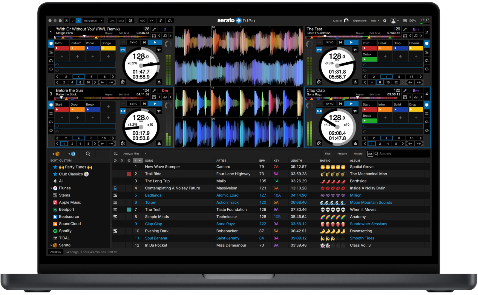 Serato DJ Pro four-deck layout for mixing four tracks in the top DJ software used for professional DJ software.