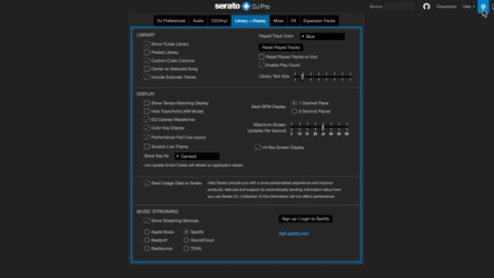 Serato DJ Pro settings screen showing streaming service options for professional DJ software.