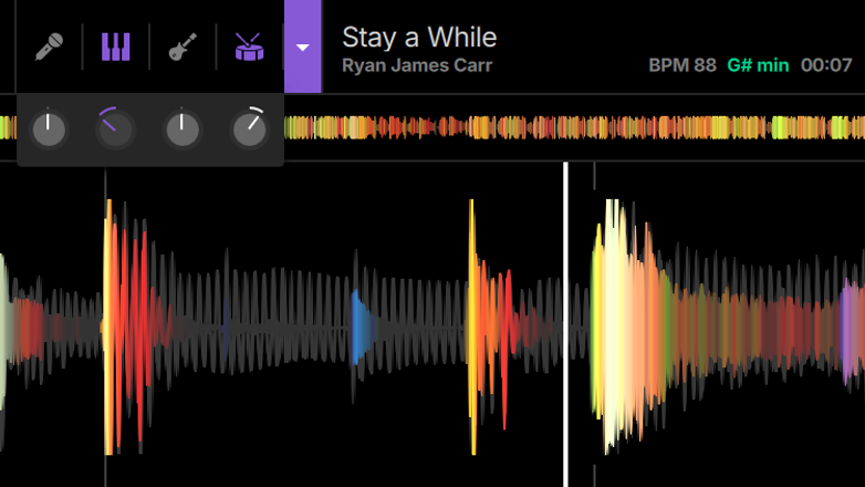 Serato Studio GUI showcasing real-time track stem control in a Sample Deck.