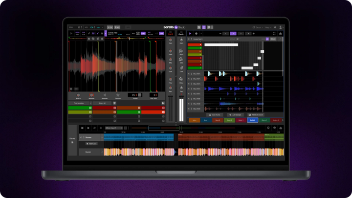Serato Studio GUI showcasing the ultimate DAW for beat making and music production, purpose-built to work seamlessly with Serato SLAB, the first Studio-native MIDI pad controller.